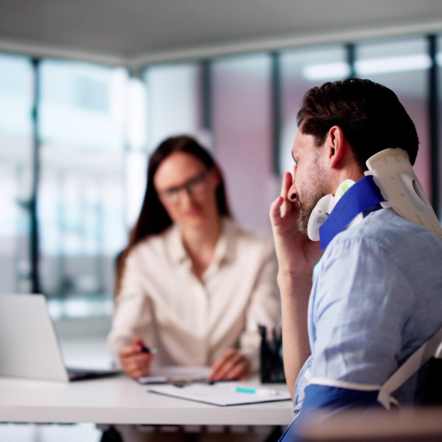 Man Injured talking in an office